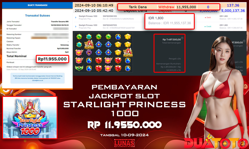 BUKTI PEMBAYARAN JACKPOT SLOT STARLIGHT PRINCESS 1000 10-09-2024