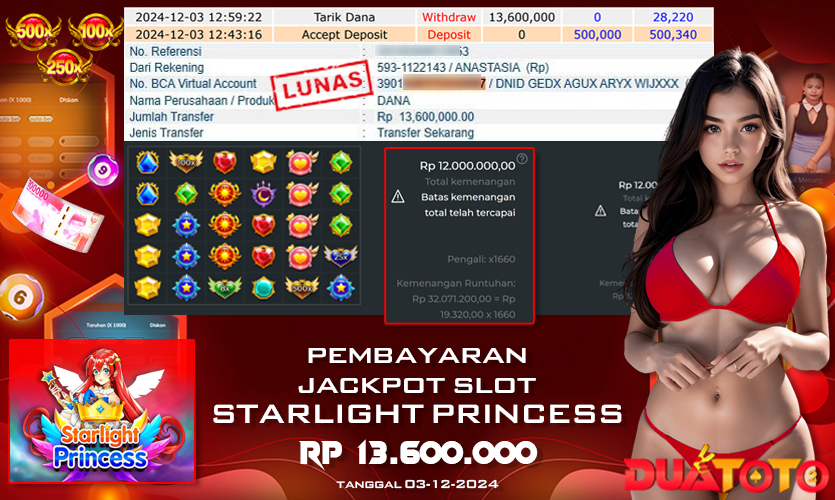 BUKTI PEMBAYARAN JACKPOT SLOT STARLIGHT PRINCESS 03-12-2024