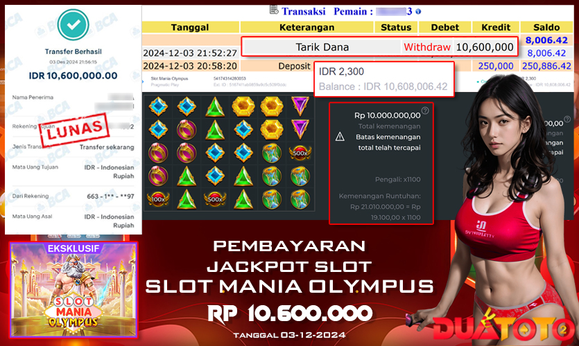BUKTI PEMBAYARAN JACKPOT SLOT MANIA OLYMPUS 03-12-2024