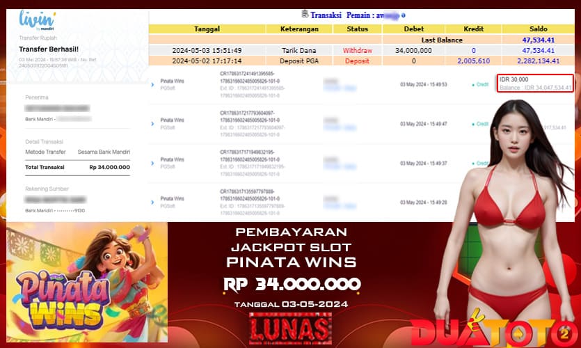 BUKTI PEMBAYARAN JACKPOT SLOT PINATA WINS 03-05-2024