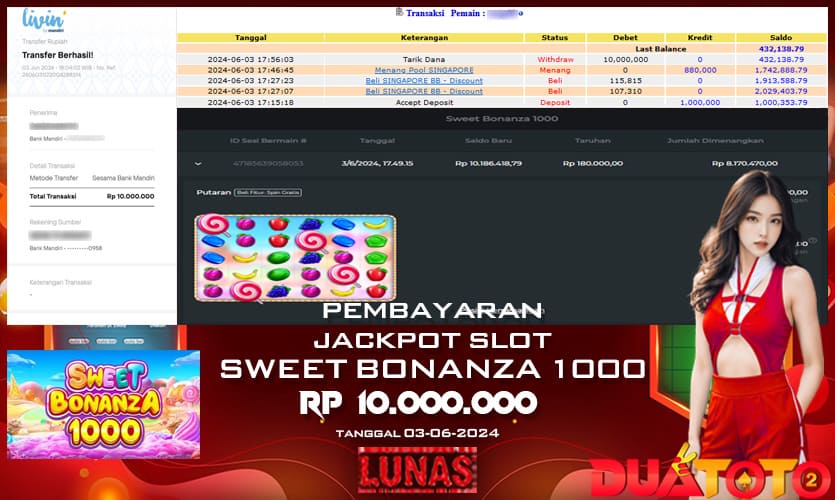 BUKTI PEMBAYARAN JACKPOT SLOT SWEET BONANZA 1000 03-06-2024