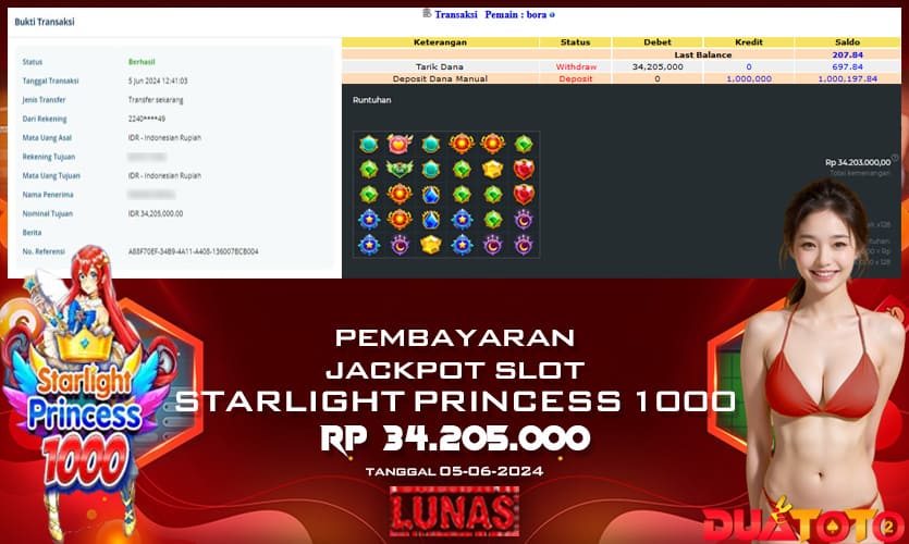 BUKTI PEMBAYARAN JACKPOT SLOT STARLIGHT PRINCESS 1000 05-06-2024