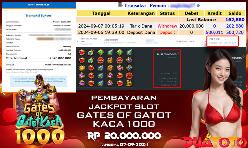 BUKTI PEMBAYARAN JACKPOT SLOT GATES OF GATOT KACA 1000 07-09-2024