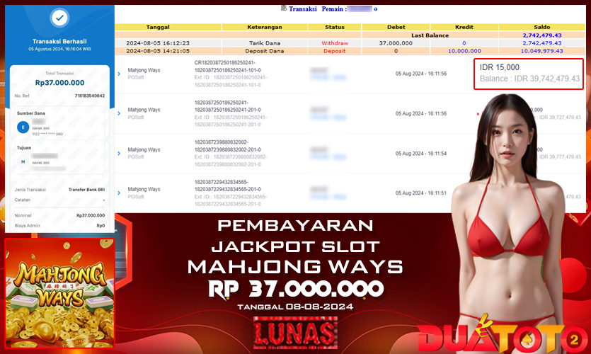 BUKTI PEMBAYARAN JACKPOT SLOT MAHJONG WAYS 04-08-2024
