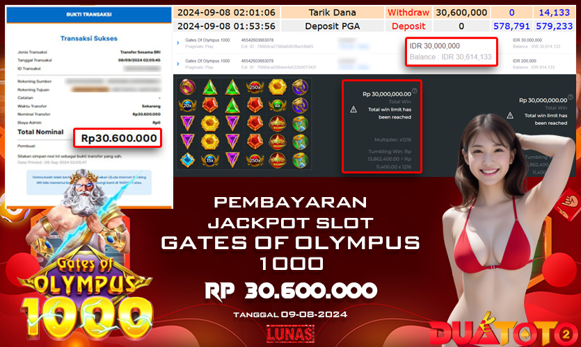 BUKTI PEMBAYARAN JACKPOT SLOT GATES OF OLYMPUS 1000 08-09-2024