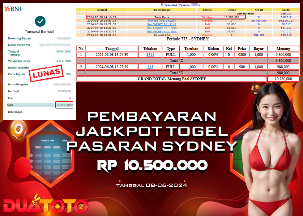 BUKTI PEMBAYARAN JACKPOT TOGEL SYDNEY 08-06-2024