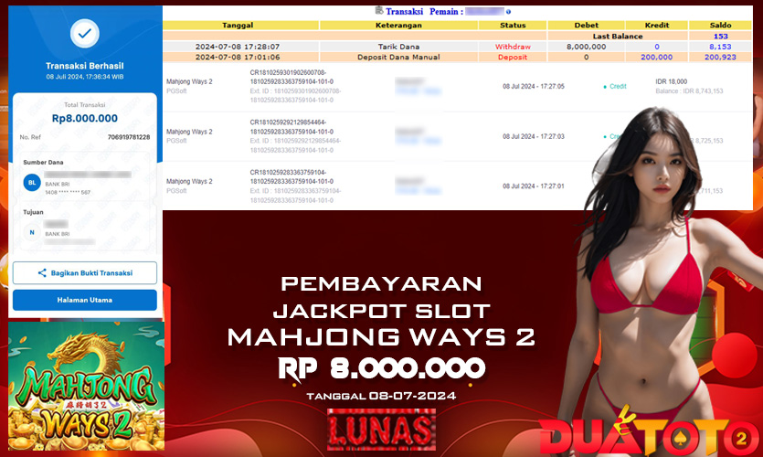 BUKTI PEMBAYARAN JACKPOT MAHJONG WAYS 2 08-07-2024