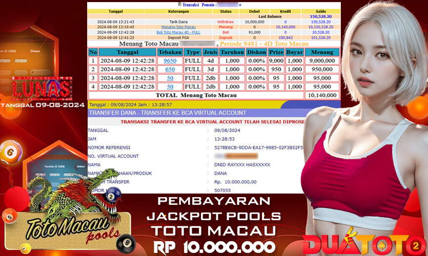BUKTI PEMBAYARAN JACKPOT POOLS TOTO MACAU 09-08-2024