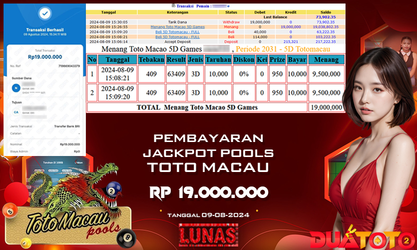 BUKTI PEMBAYARAN JACKPOT POOLS TOTO MACAU 09-08-2024
