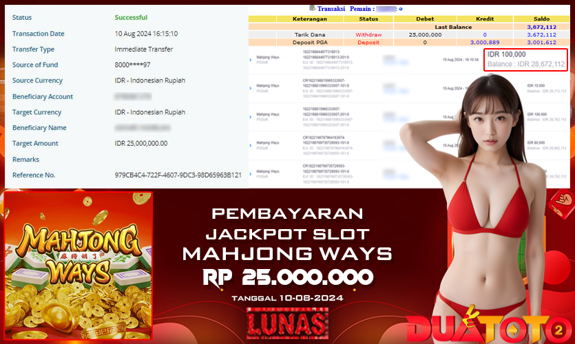 BUKTI PEMBAYARAN JACKPOT SLOT MAHJONG WAYS  10-08-2024