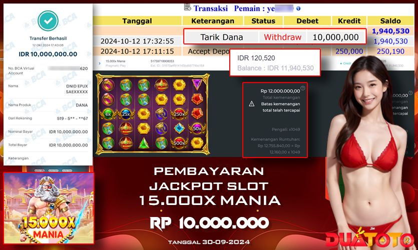 BUKTI PEMBAYARAN JACKPOT SLOT 15.000X MANIA 12-10-2024