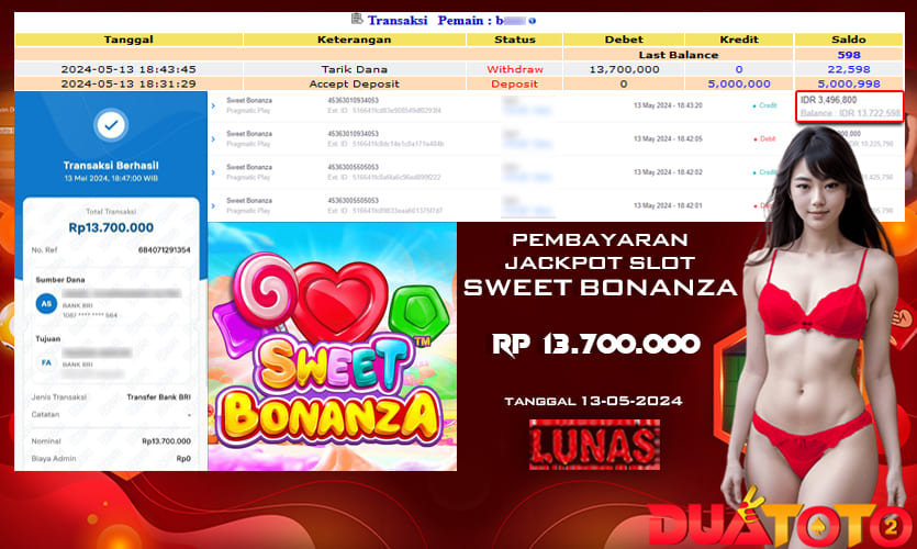 BUKTI PEMBAYARAN JACKPOT SLOT SWEET BONANZA 13-05-2024
