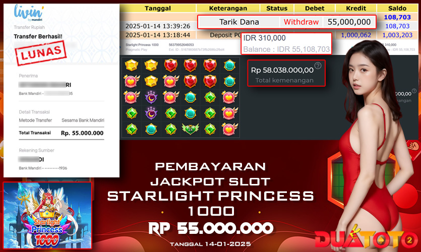 BUKTI PEMBAYARAN JACKPOT SLOT STARLIGHT PRINCESS 1000 14-01-2025