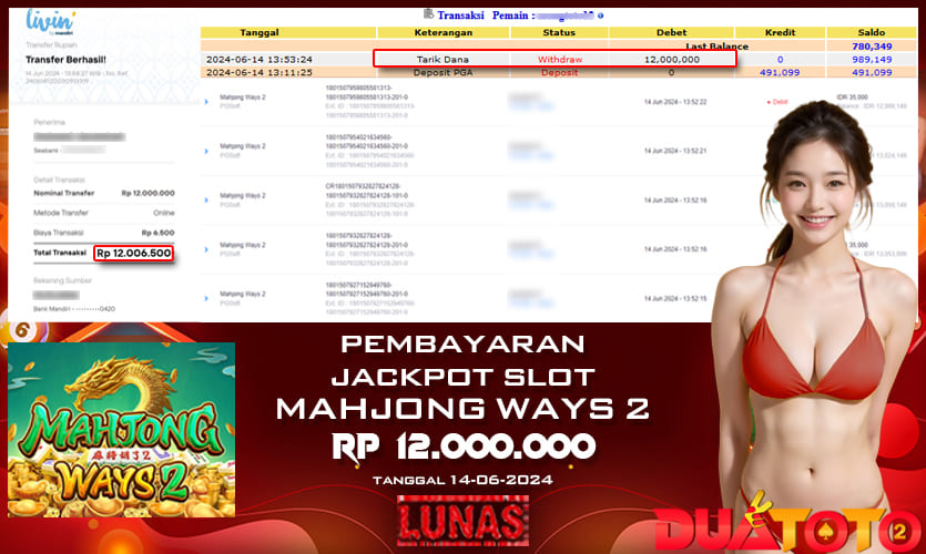 BUKTI PEMBAYARAN JACKPOT SLOT MAHJONG WAYS 2 14-06-2024