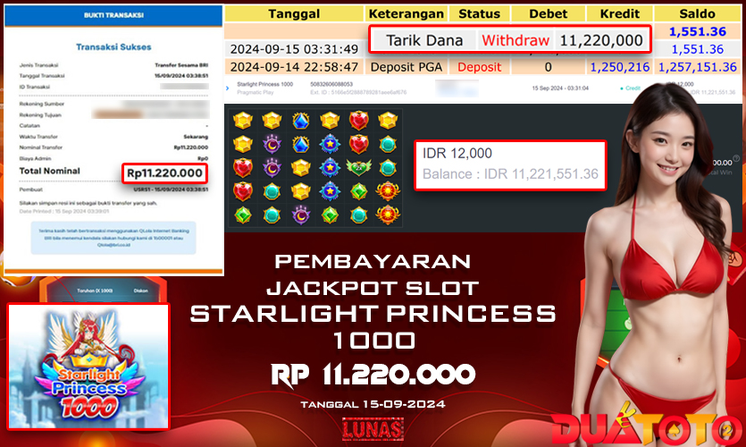BUKTI PEMBAYARAN JACKPOT SLOT STARLIGHT PRINCESS 1000 15-09-2024