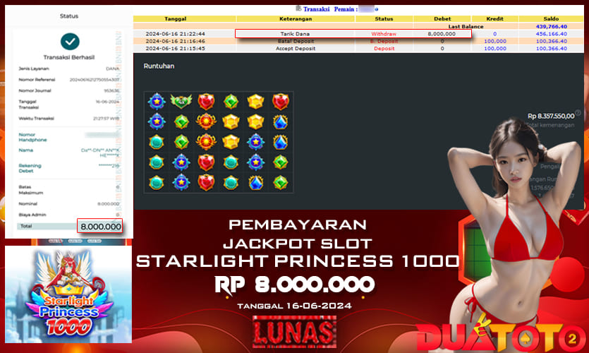 BUKTI PEMBAYARAN JACKPOT SLOT STARLIGHT PRINCESS 1000 16-06-2024
