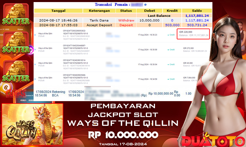 BUKTI PEMBAYARAN JACKPOT SLOT WAYS OF THE QILIN 17-08-2024