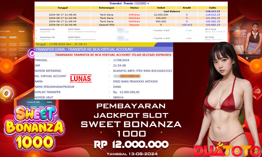 BUKTI PEMBAYARAN JACKPOT SLOT SWEET BONANZA 1000 13-08-2024