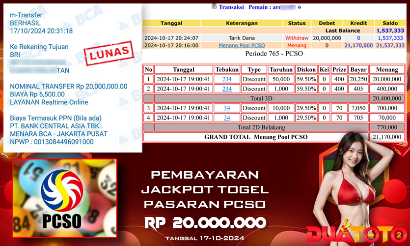 BUKTI PEMBAYARAN JACKPOT TOGEL PCSO 17-10-2024