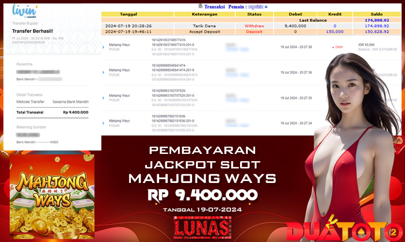 BUKTI PEMBAYARAN JACKPOT MAHJONG WAYS 19-07-2024