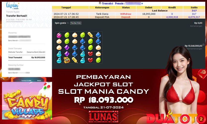 BUKTI PEMBAYARAN JACKPOT SLOT MANIA CANDY 21-07-2024