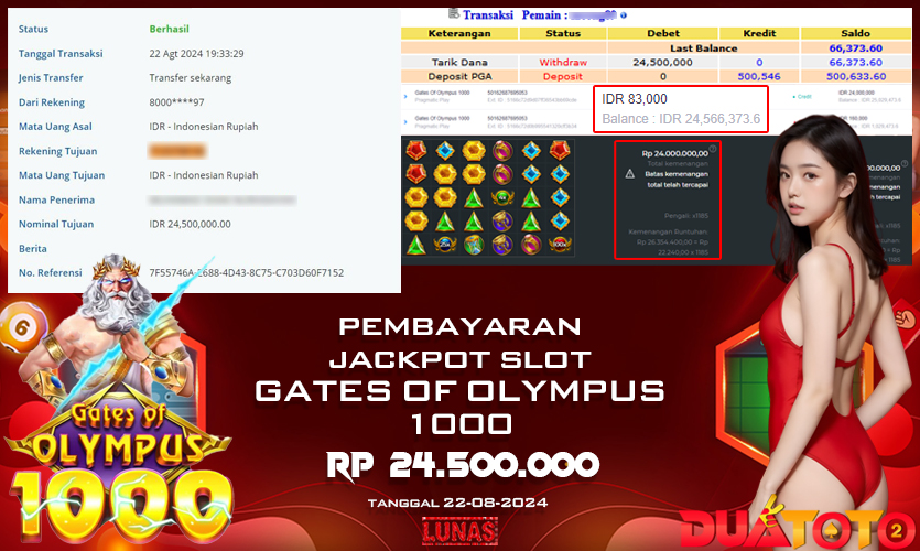 BUKTI PEMBAYARAN JACKPOT SLOT GATES OF OLYMPUS 1000 22-08-2024