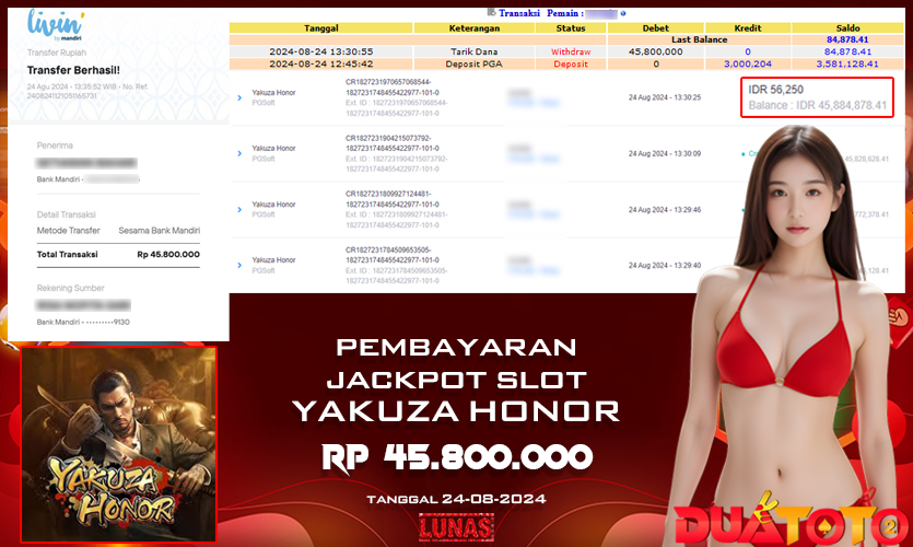 BUKTI PEMBAYARAN JACKPOT SLOT YAKUZA HONOR 24-08-2024