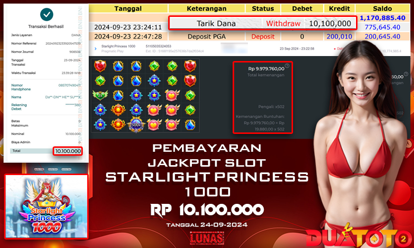 BUKTI PEMBAYARAN JACKPOT SLOT STARLIGHT PRINCESS 1000 24-09-2024