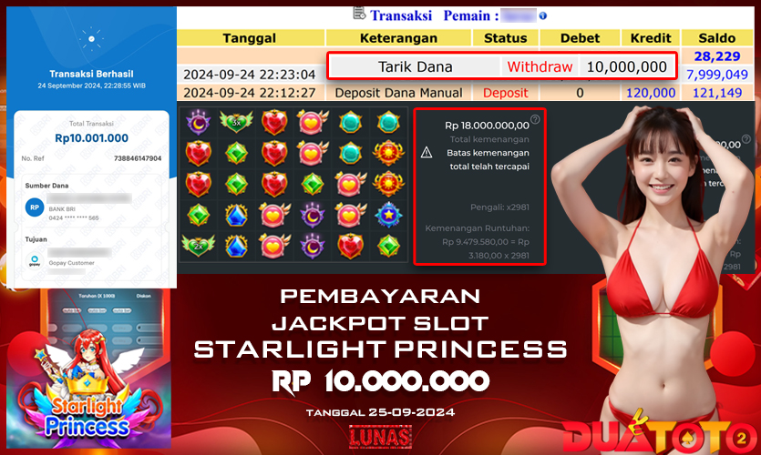 BUKTI PEMBAYARAN JACKPOT SLOT STARLIGHT PRINCESS 25-09-2024