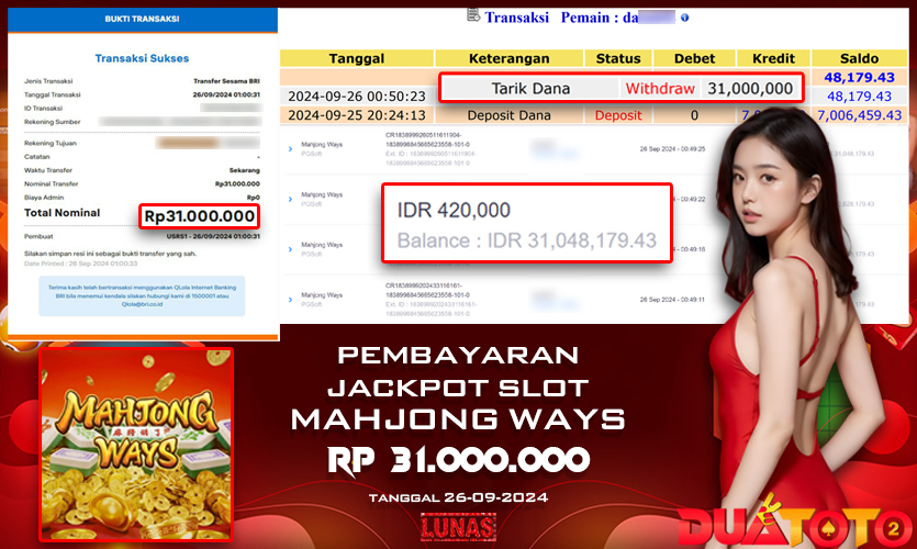 BUKTI PEMBAYARAN JACKPOT SLOT MAHJONG WAYS 26-09-2024