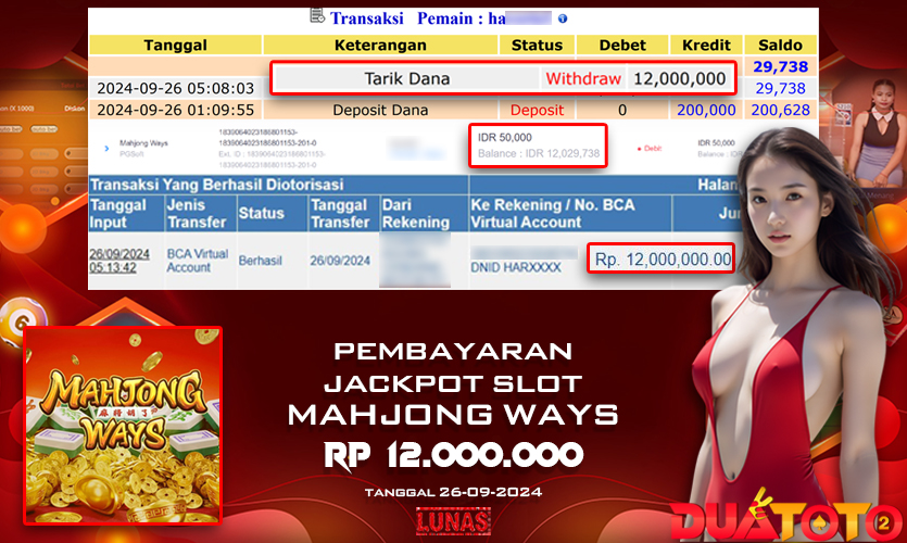 BUKTI PEMBAYARAN JACKPOT SLOT MAHJONG WAYS 26-09-2024