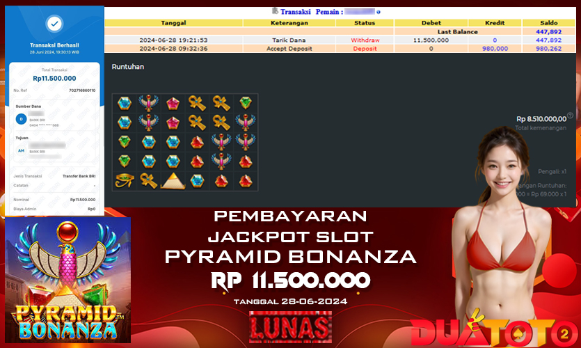 BUKTI PEMBAYARAN JACKPOT SLOT PYRAMID BONANZA 28-06-2024