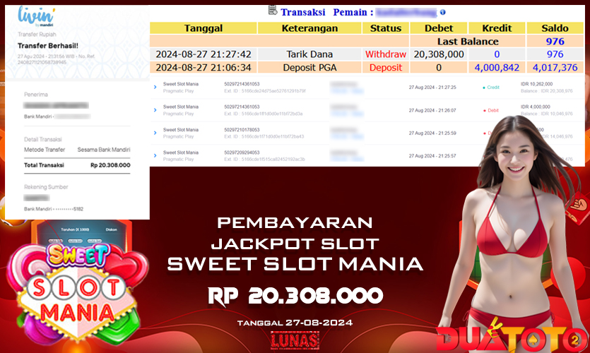 BUKTI PEMBAYARAN JACKPOT SLOT SWEET SLOT MANIA 27-08-2024