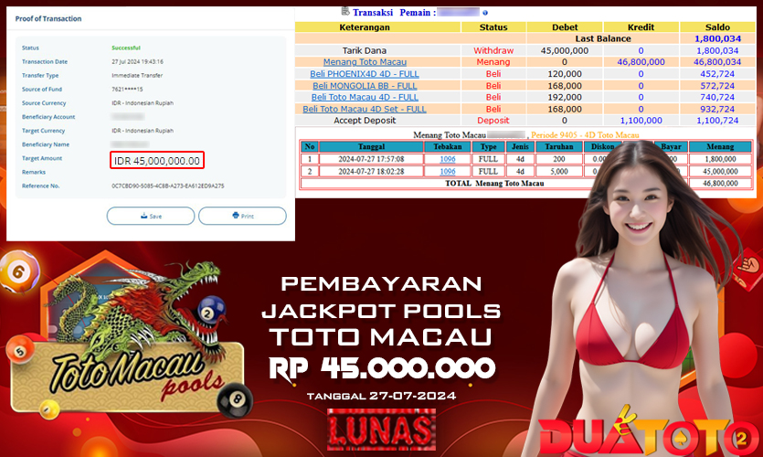 BUKTI PEMBAYARAN JACKPOT POOLS TOTO MACAU 27-07-2024