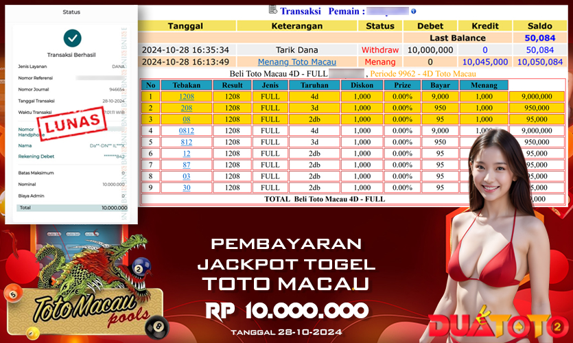 BUKTI PEMBAYARAN JACKPOT TOGEL TOTO MACAU 28-10-2024