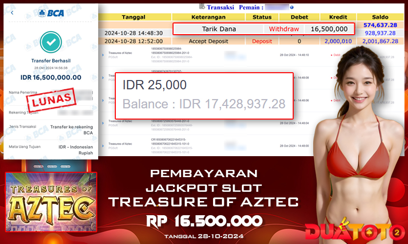 BUKTI PEMBAYARAN JACKPOT SLOT TREASURE OF AZTEC 28-10-2024
