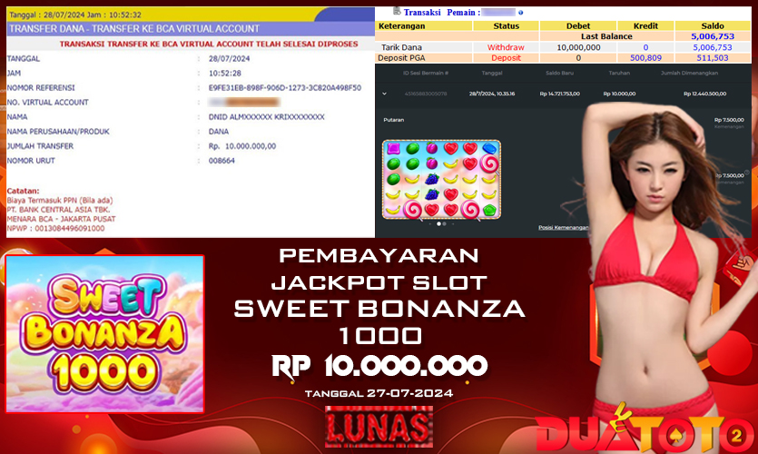 BUKTI PEMBAYARAN JACKPOT SLOT SWEET BONANZA 1000 28-07-2024