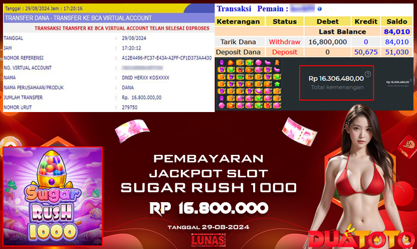 BUKTI PEMBAYARAN JACKPOT SLOT SUGAR RUSH 1000 29-08-2024