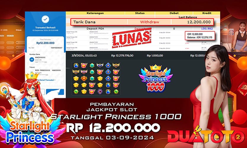 BUKTI PEMBAYARAN JACKPOT SLOT STARLIGHT PRONCESS 1000 03-09-2024