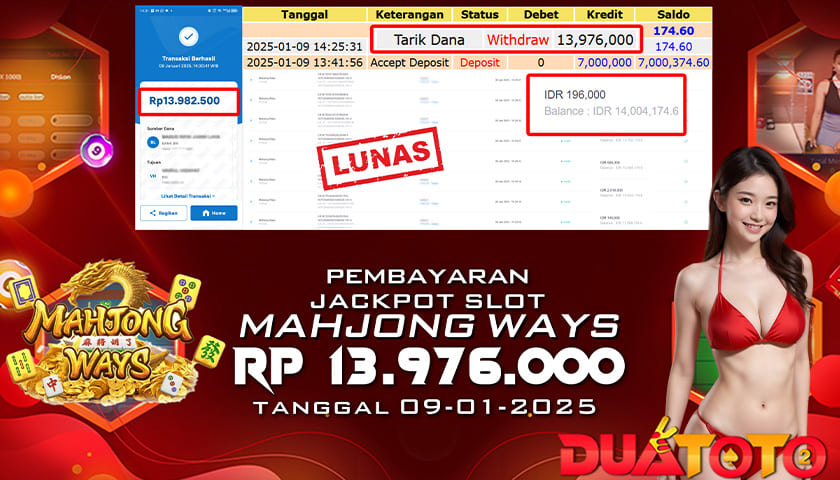 BUKTI PEMBAYARAN JACKPOT SLOT MAHJONG WAYS  09-01-2025