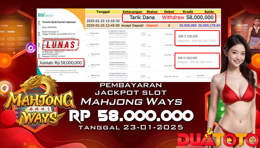 BUKTI PEMBAYARAN JACKPOT SLOT MAHJONG WAYS 23-01-2025