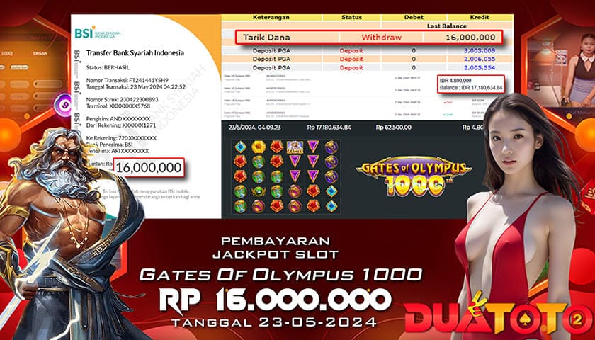 BUKTI PEMBAYARAN JACKPOT SLOT GATES OF OLYMPUS 1000 23-05-2024
