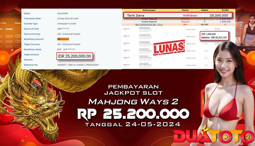 BUKTI PEMBAYARAN JACKPOT SLOT MAHYONG WAYS 2 24-05-2024