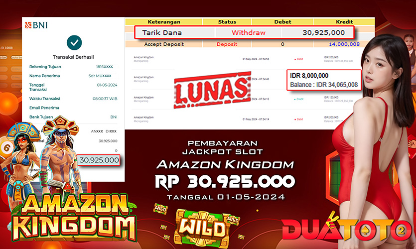 BUKTI PEMBAYARAN JACKPOT SLOT AMAZON KINGDOM 01-05-2024