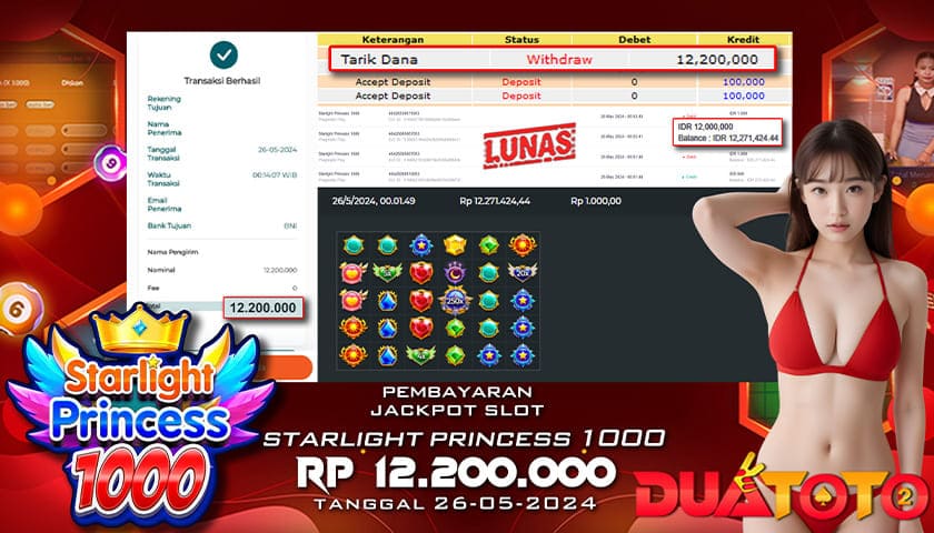 BUKTI PEMBAYARAN JACKPOT SLOT STARLIGHT PRINCESS 1000 26-05-2024