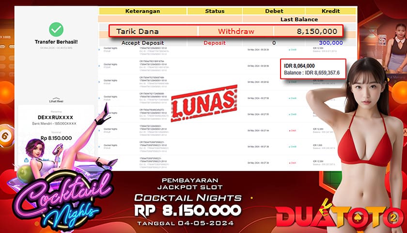 BUKTI PEMBAYARAN JACKPOT SLOT COCKTAIL NIGHTS 04-05-2024