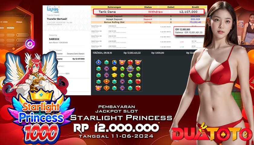 BUKTI PEMBAYARAN JACKPOT SLOT STARLIGHT PRINCESS 1000 11-06-2024