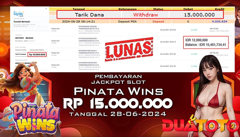 BUKTI PEMBAYARAN JACKPOT SLOT PINATA WINS 28-06-2024