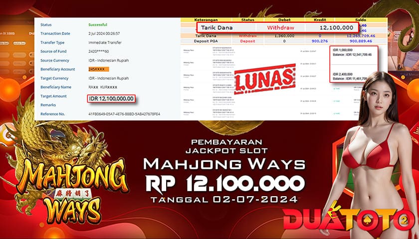 BUKTI PEMBAYARAN JACKPOT SLOT MAHJONG WAYS 02-07-2024