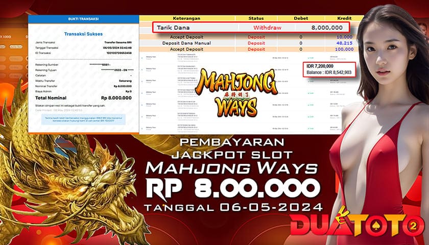 BUKTI PEMBAYARAN JACKPOT SLOT MAHJONG WAYS 06-05-2024
